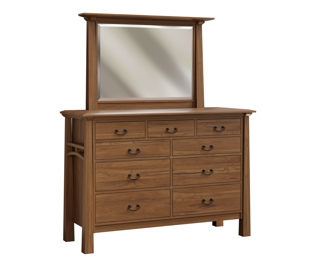JR Woodworking Artesa 9 Drawer Dresser With Mirror Rustic Hickory FC 42000 Almond