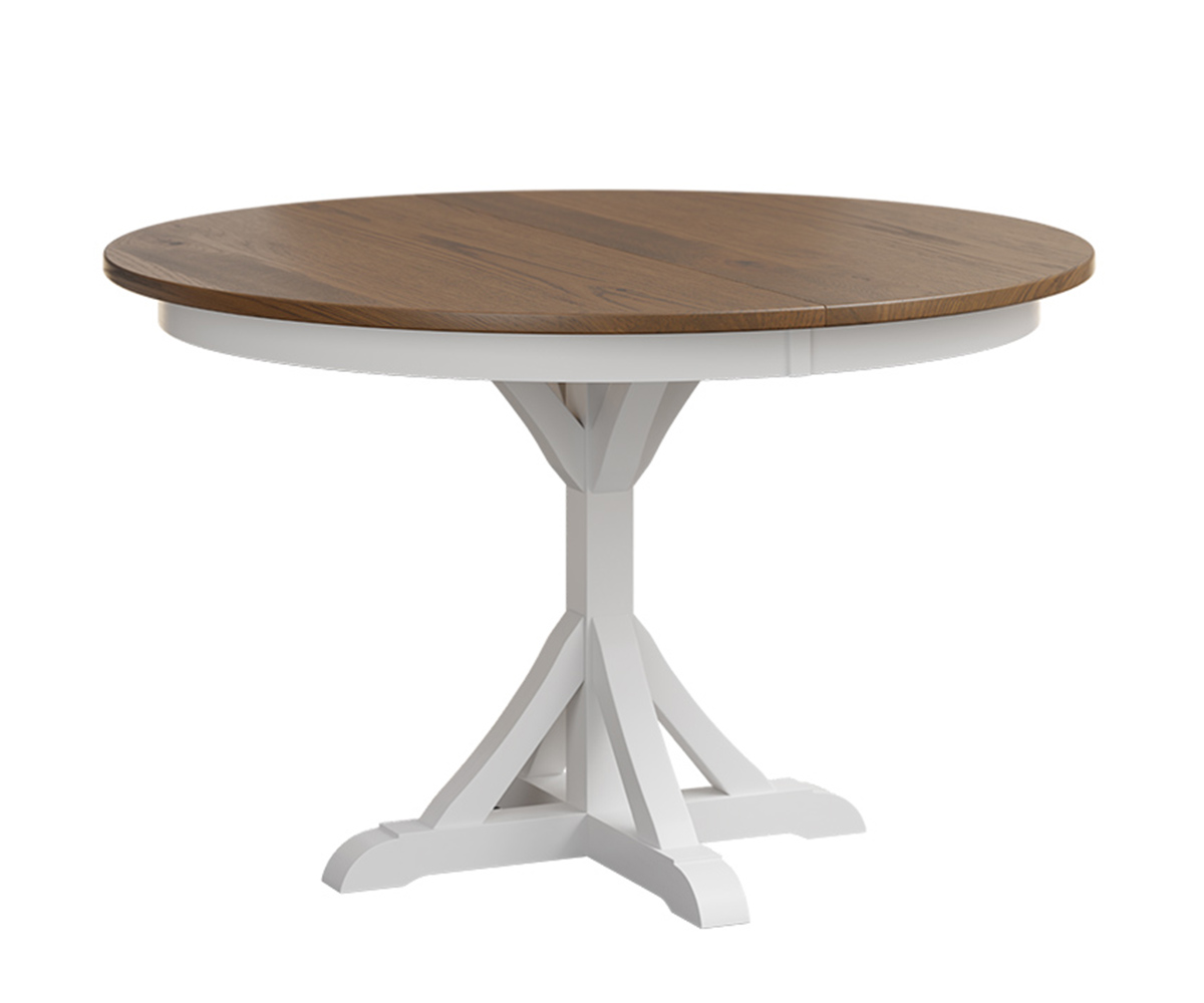 UBF Trenton Single Pedestal Table Top Rustic White Oak FC Lightbrown Base Brown Maple OCS White Paint