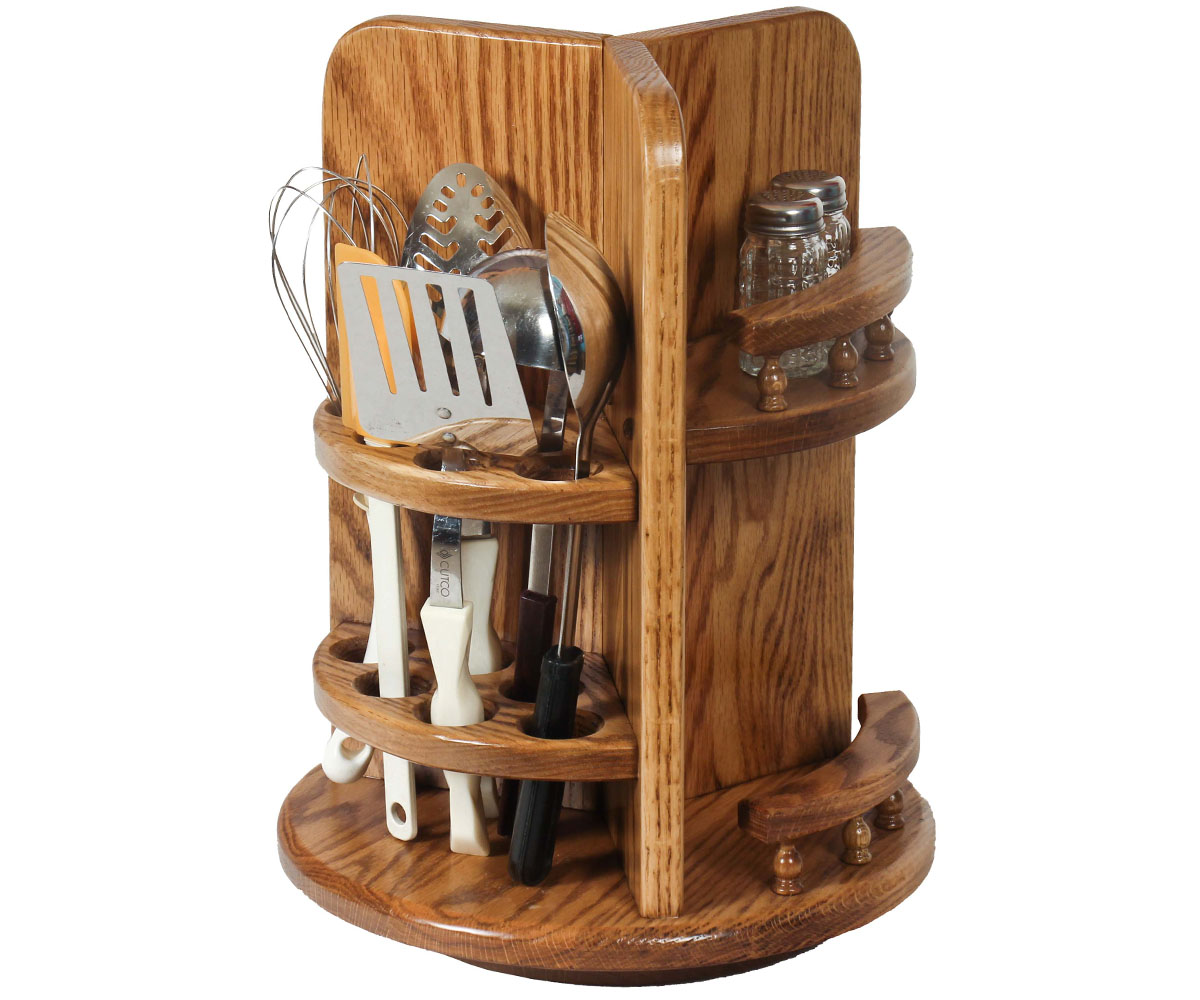 SWC K110500 Kitchen Utensil Lazy Susan with Paper Towel Holder and Spice Rack Oak