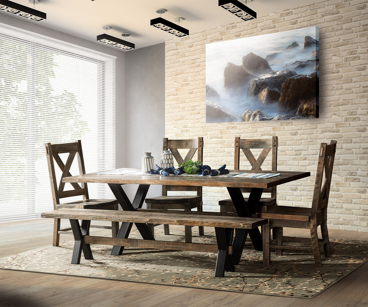 WPW Live Edge Rough Sawn Table with El Dorado Base Room Setting Cropped